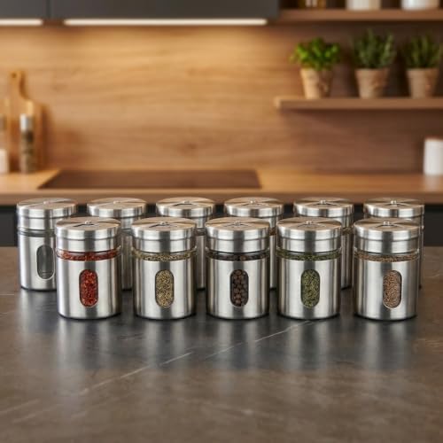 12'li Metal Kaplı Cam Baharatlık Seti (60 ml) - Döner Başlıklı Paslanmaz Çelik Baharat Takımı