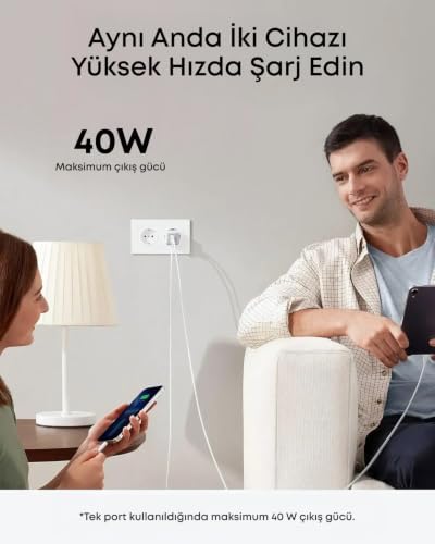 521 Nano Pro Şarj Cihazı, Kompakt, 40W, PowerIQ 3.0 Çift Portlu USB-C Güç Adaptörü, Beyaz - A2038 - Görsel 3