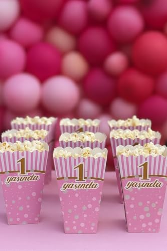 1 Yaş Doğum Günü Pembe Popcorn Kutusu, 8 Adet, Çizgili ve Puantiyeli Tasarım, Parti Süslemesi - Görsel 3