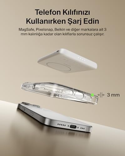 Alternative view of Manyetik Power Bank 5000 mAh, Manyetik Halka ve USB-C Porta Sahip İnce Taşınabilir Şarj, iPhone, Galaxy, Pixelsnap, iPad ve Tablet için Batarya Paketi, USB-C Kablo Dahil, Beyaz