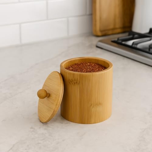 Doğal Bambu Ahşap Baharatlık – Kapaklı Silindir Saklama Kabı | 9x10 cm El Yapımı Mutfak Düzeni - Görsel 2
