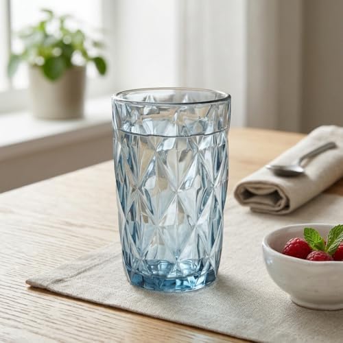 Alternative view of 6'lı Mavi Cam Bardak Seti - Vintage Kabartma Desenli Su, Meşrubat ve Kokteyl Bardağı Takımı (400 ml)