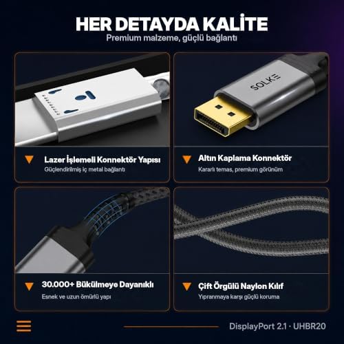 Alternative view of 80Gbps DisplayPort 2.1 Kablo 16K 60Hz 8K 120Hz 4K 240Hz UHBR20 HDR DSC 1.2a Örgülü DP 2.1 Monitör Kablosu (2, 2m, Metre)