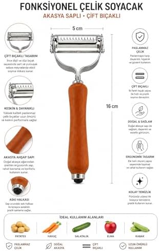 Çift Bıçaklı Ahşap Saplı Soyacak - Çift Bıçaklı Ahşap Saplı Sebze ve Meyve Soyacak – Paslanmaz Çelik Ultra Keskin Tırtıklı & Düz Bıçaklı, Ergonomik Kaymaz Sap, Patates Havuç Kabak Elma - Görsel 3