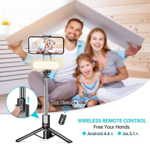 Çıkarılabilir Dolgu Işıklı Sabit Selfie Çubuğu Tripod, iPhone, , , ve Diğer Akıllı Telefonlar için Kablosuz Uzaktan Kumandalı 360 ° Dönebilen Genişletilebilir Cep Telefonu Tripodu