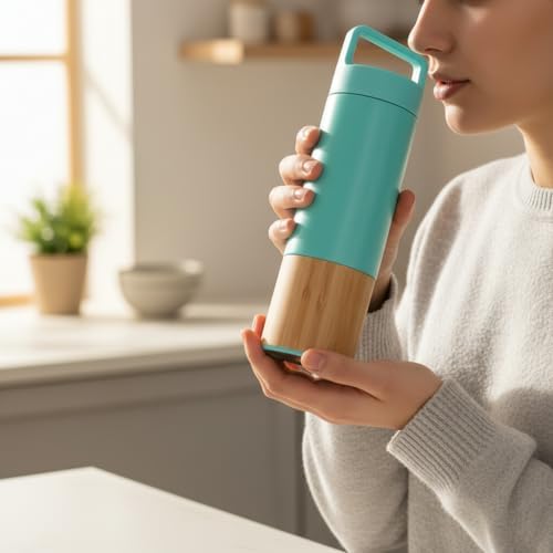 600 ml Bambu Tabanlı Kulplu Çelik Termos Mug - 5 Renk Seçenekli Sıcak/Soğuk Tutucu Seyahat Bardağı (TURKUAZ) - Görsel 3