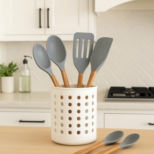 Beyaz Kaşıklık Beyaz Silindir Plastik Kaşıklık – Modern Delikli Tasarım, Hava Geçişli Dayanıklı Mutfak Düzenleyici Kaşıklık - Görsel 2