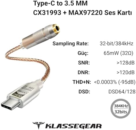 Type-C - 3.5 CX31993 MAX97220 Çip HiFi DAC Ses Kartı Kulaklık Kablosu (USB başlık)