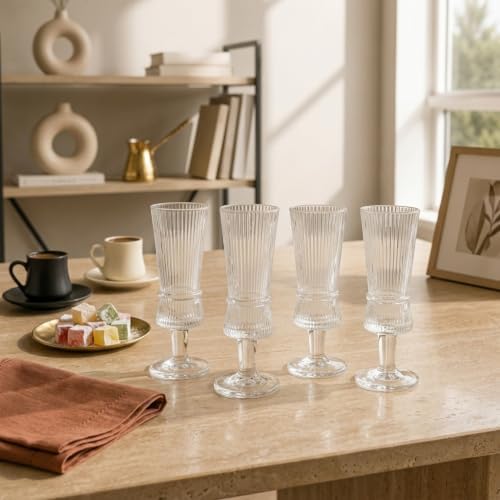 Alternative view of 4'lü Çizgili Ayaklı Cam Kadeh Seti - 120 ml Türk Kahvesi Yanı Su, Şerbet ve Likör Bardağı, Lüks Sunum Kadehi