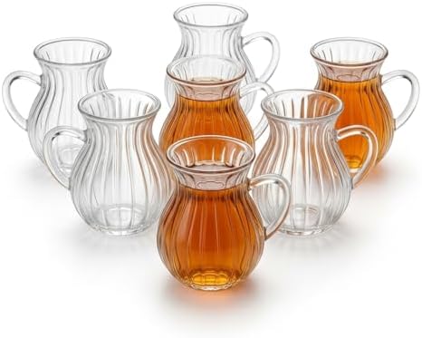 6'lı Kulplu Borosilikat Fitil Desenli Cam Çay Bardağı Seti - Şeffaf ve Isıya Dayanıklı Şık Çay Takımı 180ML