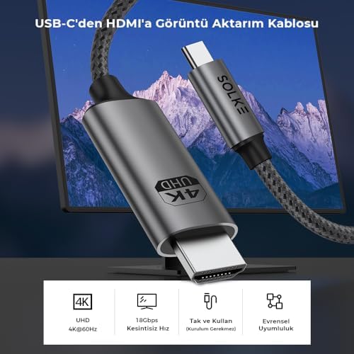 Alternative view of USB-C to HDMI Kablo, 2 Metre, 4K60Hz, 18Gbps, Type-C to HDMI Görüntü Kablosu, Thunderbolt 5/4/3 Uyumlu