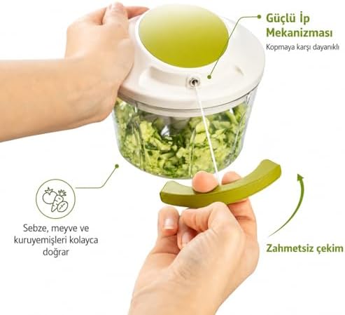 Paslanmaz 3 Bıçaklı İpli Rondo, Sebze Meyve Kuruyemiş İçin Taşınabilir Manuel Çekmeli Doğrayıcı, Hızlı Pratik ve Ergonomik, Plastik, 700 ml (Yeşil) - Görsel 3