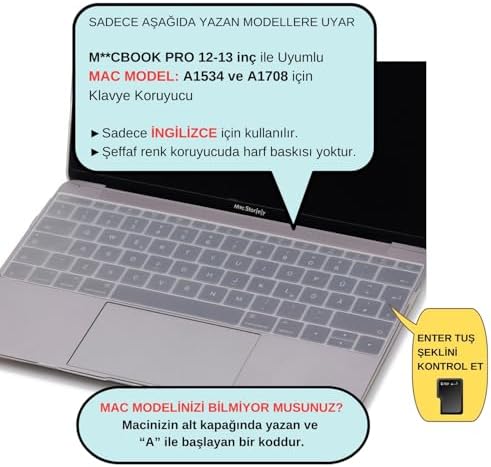 MacBook Klavye Koruyucu A1534 A1708 Uyumlu İngilizce Baskılı Silikon Klavye Koruyucu UK Enter Şeffaf - Görsel 3