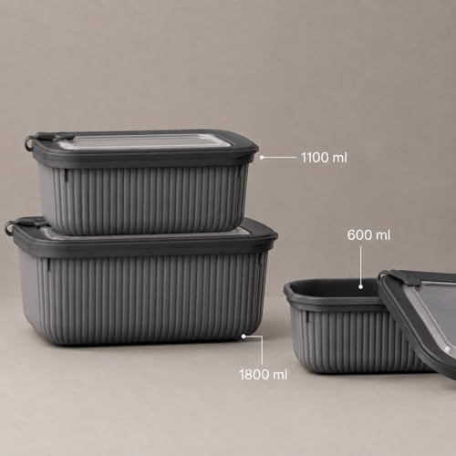 Vakumlu Silikon Kapaklı Plastik Saklama Kabı Seti, 3.5 Litre, Mikrodalga ve Derin Dondurucu İçin, Gıda Depolama Kutusu, Mutfak Düzenleyici Organizer (600/1100/1800 ml) (Antrasit, Dikdörtgen)