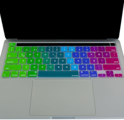 MacBook Pro Türkçe Q Çeviri Klavye Koruyucu US ANSI Amerikan Düz Enter A2338 M1 M2 A2251 A2289 A2141 Uyumlu Silikon Keyboard Cover Touch Bar Pembe Yeşil - Görsel 3