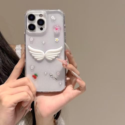 3D Melek Kanatlı Çiçekli Şeffaf Simli iPhone 15 Plus / 14 Plus Uyumlu Kılıf – Kamera Korumalı, Darbe Emici Silikon - Görsel 3