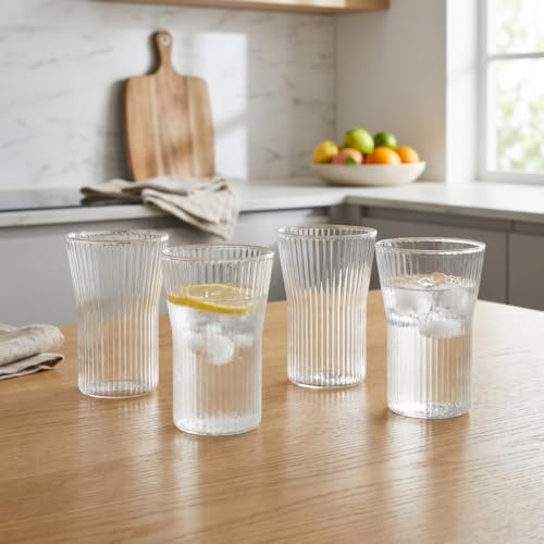 Alternative view of 4'lü Özel Tasarım Çizgili Borosilikat Cam Bardak Seti - 320 ml Meşrubat ve Su Bardağı 4 Adet Bardak Seti