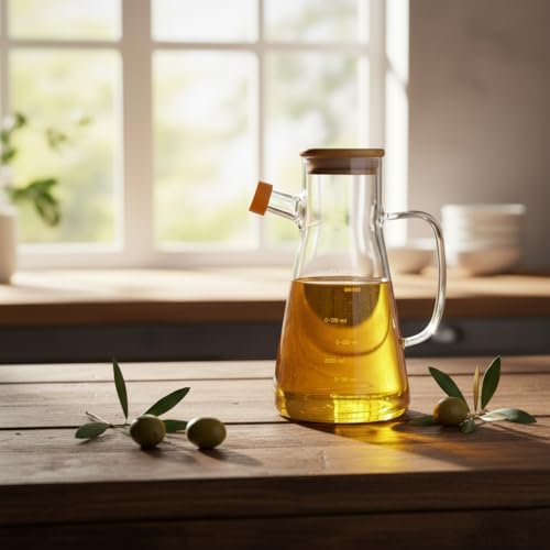 1 Adet 900 ML Bambu Kapaklı Borosilikat Cam Yağlık ve Sirkelik, Isıya Dayanıklı ve Ölçekli Tasarım, Damlatmaz Ağızlı Modern Mutfak Sosluk Şişesi - Görsel 3