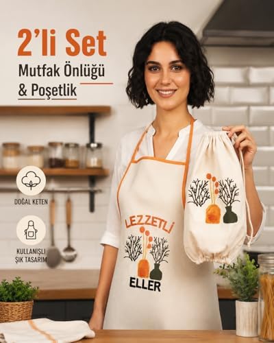 Alternative view of Doğal Keten Mutfak Önlüğü ve Poşetlik 2'li Set, Şık Tasarım