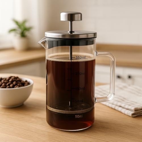 Alternative view of Borosilikat Cam French Press 350ml - Paslanmaz Çelik Filtreli Ölçekli Kahve ve Bitki Çayı Demliği - Isıya Dayanıklı Kişisel Kupa - Metal Kapaklı