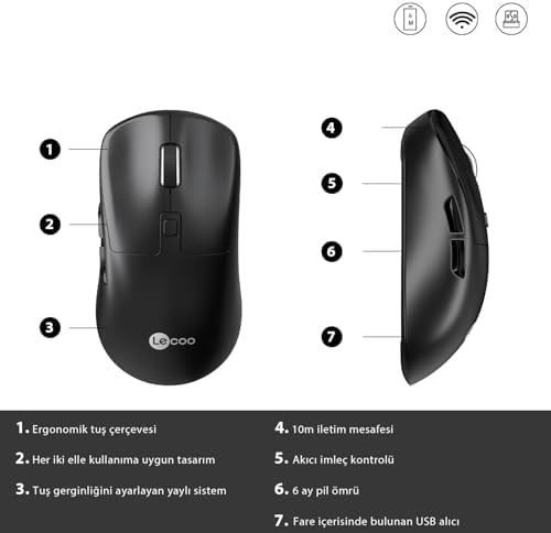 WS216 Kablosuz 1600DPI 7 Tuşlu Sessiz PC, Mac, Dizüstü Bilgisayar için, USB Mini Alıcı ile Optik Mouse Siyah (Siyah)