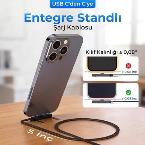 Yeni Pro tech 240W Destekli Standlı 1,5Metre Siyah Hasır Kablo Type-c Girişli Şarj Kablosu - Görsel 3