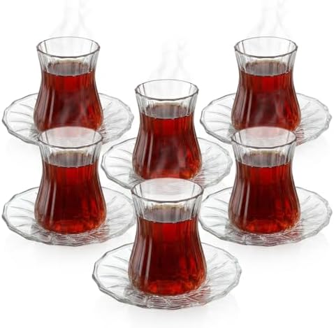 12 Parça Çay Seti - 6 Adet Fitil Desenli Cam Çay Bardağı ve 6 Adet Cam Çay Tabağı - Isıya Dayanıklı Çay Takımı - Görsel 3