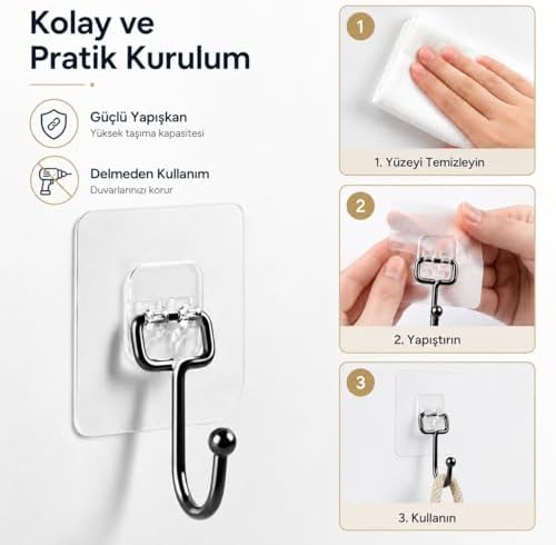Alternative view of Yapışkanlı Siyah Askılık, Şeffaf Tabanlı Kancalı Banyo ve Mutfak Askısı, Delmeden Montajlı Metal Havlu ve Bez Askılığı (3 Adet Gönderilmektedir)