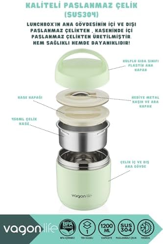 Bento 1200ml Lunchbox 1 Kaseli 4-6 Saat Sıcak/Soğuk Termos Özellikli Çelik Sefer Tası Yemek Kutusu (Yeşil)