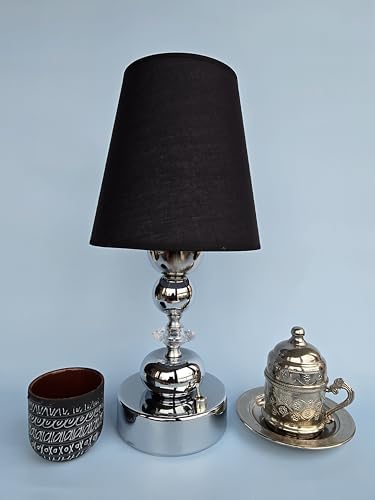 Fey Abajur, Kablosuz Pilli Masa Lambası -Dekoratif LED Abajur - Taşınabilir Gece Lambası, Piili gece lambası, Pilli masa lambasu, Kablosuz gece lambası, SİYAHŞAPKAKüre-Plst.Krst-Yuvarlak Krom Ayak