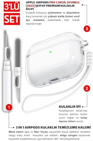 Pro 3.Nesil Uyumlu Şeffaf Premium Kulaklık Kılıfı, Kulaklık İpi ve 3'ü 1 Arada Bluetooth Kulaklık Temizleme Kalemi Seti (Şeffaf) - Görsel 3
