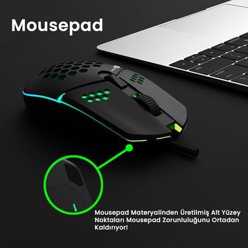 MS105 Kablolu 3200DPI 6 Tuşlu RGB LED Aydınlatmalı 103gr Ağırlık Optik Sensör Oyuncu Mouse Siyah - Görsel 2