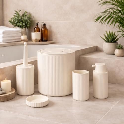 Alternative view of 5’li Limon Rengi Banyo Seti – Çöp Kovası, Sıvı Sabunluk, Diş Fırçalık, Sabunluk ve WC Fırçası – Modern Çizgili Şık Tasarım