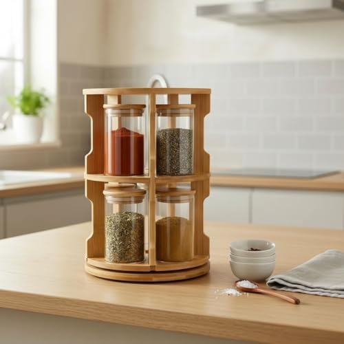 Alternative view of Doğal Bambu 360° Döner Standlı 10'lu Cam Baharatlık Seti - Büyük Boy (250 ml) Ahşap Kapaklı Baharat Takımı