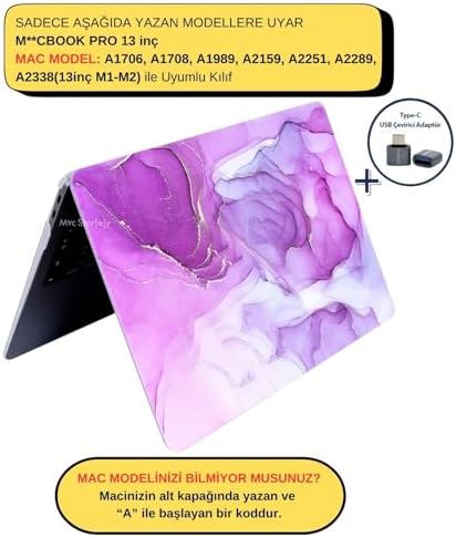 Alternative view of MacBook Pro 13 Mermer Desenli Kılıf A1706 A1708 A1989 A2159 A2251 A2289 A2338 M1 M2 Uyumlu Baskılı Kristal Sert Kılıf Koruyucu Kapak Açık Lila