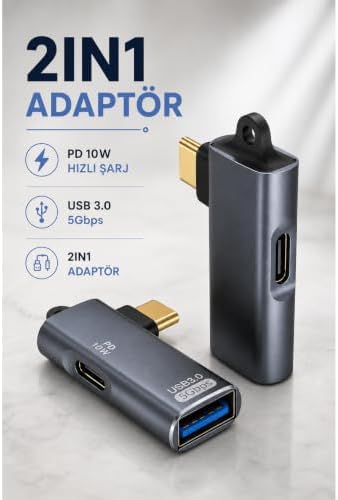 Type-C OTG 2-in-1 Adaptör PD 10W Hızlı Şarj USB 3.0 5Gbps Type-C ve USB-A Bağlantı Mobil Tablet Notebook için | ADS-617 (Gri - PD 10W) - Görsel 2