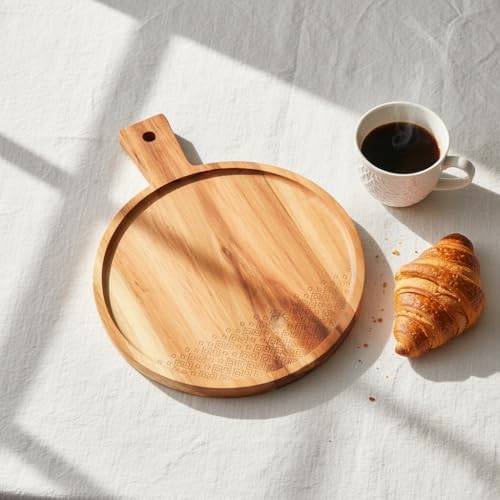 Doğal Akasya Ahşap Yuvarlak Sunum Tahtası ve Servis Tepsisi – 28.5 cm Özel Motif Desenli ve Kulplu Pizza, Peynir ve Pasta Tabağı - Görsel 3