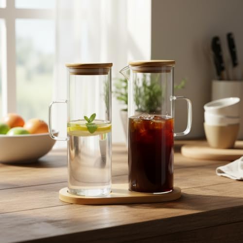 Alternative view of 2'li Şeffaf Cam Yağdanlık ve Sirkelik Seti - Bambu Kapaklı ve Özel Standlı Masaüstü Yağlık (190 ml)