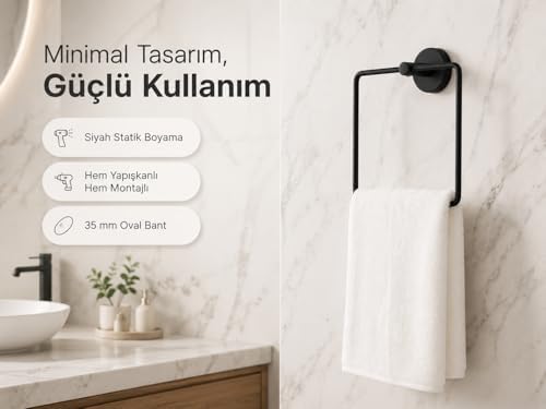 Alternative view of Lotus Siyah Kare Havluluk, Yapışkanlı ve Vidalı Montajlı Banyo Havlu Askısı, Mat Siyah Statik Boyama, 35 mm Oval Bantlı Duvar Havluluk, Metal