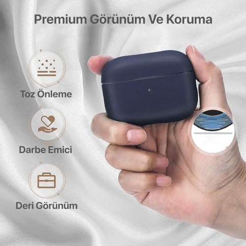 Airpods Pro 3 ile Uyumlu Leather Skin Parmak izi Tutmayan ve Çizilmeyen Dış Yüzeye Sahip Mükemmel Koruma Sağlayan Orta Sertlikte Silikon Kılıf (Lacivert, Airpods Pro 3. Nesil 2025) - Görsel 3