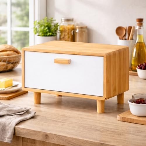 Bambu Ekmeklik Dolabı – Beyaz Kapaklı Tezgah Üstü Ekmek Saklama Kutusu, Doğal Bambu, Modern Mutfak Düzenleyici - Görsel 3