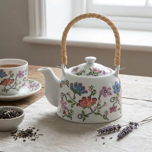 Porselen Çini Piraye Demlik - Bambu/Hasır Saplı, Ateşe Dayanıklı Nostaljik Bitki Çayı ve Çay Demliği (900 ml - 2 Farklı Desen Seçeneği) (PIRAYE) - Görsel 3