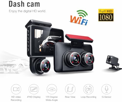 WiFi Destekli 3 Kameralı Araç İçi Kamera – 1080P Full HD, 4.0'' Ekran, Gece Görüş, G-Sensör Acil Kayıt, Arka Görüş Kamerası, Döngüsel Kayıt ve Park Koruma Özellikli