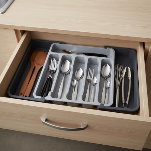Çift Taraflı Açılır Çekmece İçi Kaşıklık ve Organizer - Modüler Sürgülü Mutfak Düzenleyici - Açık Gri ve Antrasit Renk - Kapalı 31 cm Açık 52 cm - Görsel 3