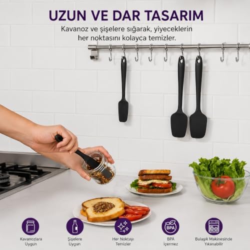 6 Parça Silikon Mutfak Gereçleri Seti, Isıya Dayanıklı Spatula, Fırça ve Kaşık Seti, Yapışmaz Tencere Dostu, Kırmızı, Siyah, Mor ve Koyu Füme Renk Seçenekleri (Koyu Füme) - Görsel 2
