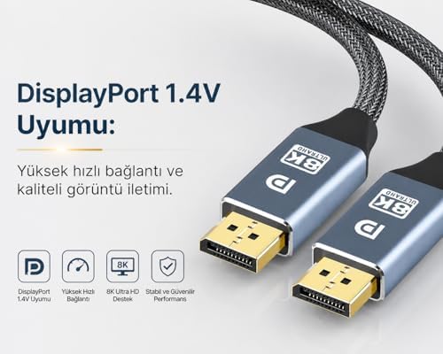 1.5 Metre 8K DisplayPort Kablosu DP 1.4V, 8K 240Hz UHD, 7680x4320P, Projeksiyon İçin Yüksek Hızda Bağlantı, Notebook, TV, Game Box ve Projeksiyon Cihazı Uyumlu | ZR832 (1.5 Metre) - Görsel 3