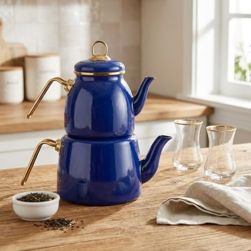 Alternative view of İçten Kaplamalı Emaye Çaydanlık Takımı - Gold Detaylı Nostaljik Alt Üst Çay Seti (1.2 Litre + 2 Litre) - 3 Renk Seçeneği (MAVİ)