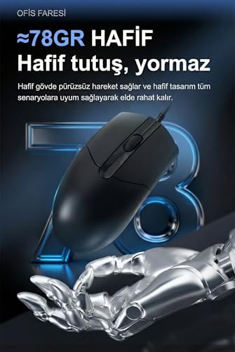 Kablolu Ofis Mouse 1000 DPI Optik Sensör 78g Hafif Ergonomik Tasarım Sessiz Tıklama USB Bağlantı ABS Gövde Dayanıklı Bilgisayar Laptop Uyumlu Siyah Fare | NJ01 - Görsel 3