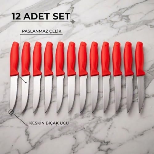 Paslanmaz Çelik Meyve Bıçağı Seti, Kırmızı Saplı, 12 Parça, Mutfak Bıçakları