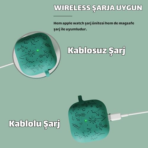 AirPods 4. Nesil Uyumlu Çiçek İşlemeli Premium Silikon Kulaklık Kılıfı ve 3'ü 1 Arada Bluetooth Kulaklık Temizleme Kalemi Seti (Orman Yeşili) - Görsel 2